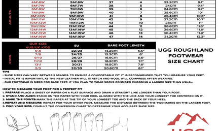 UGG Roughland Australian Wool Footwear Size Chart for Adults and Kids.