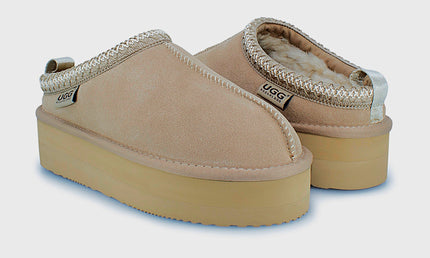 UGG Roughland® Water-Resistant Leather Suede Sheepskin Wool Tassie Moccasin Platform Slippers