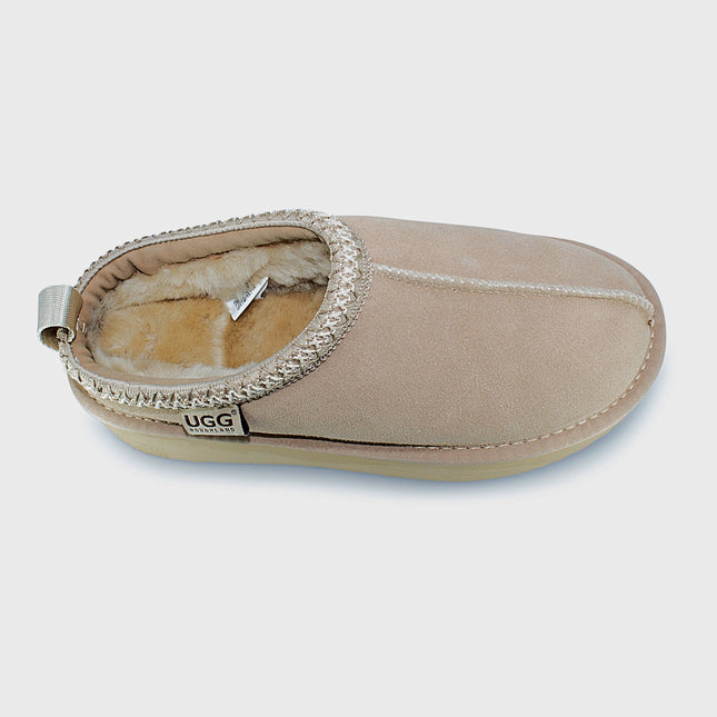 UGG Roughland® Water-Resistant Leather Suede Sheepskin Wool Tassie Moccasin Platform Slippers