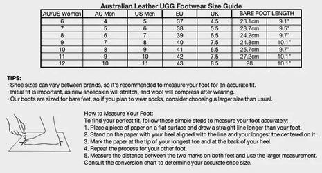 Australian Leather UGG Footwear Size Guide