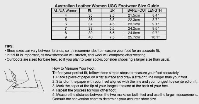 Women Australian UGG Footwear Size Chart