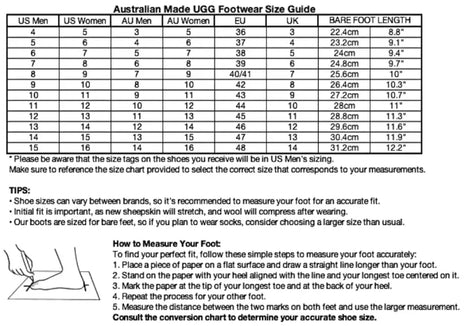 the ugg barn size chart australian made unisex