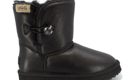 Tendance Paris Short Crystal Button Leather Platform Ugg Boots Black / 36 Mid Boots
