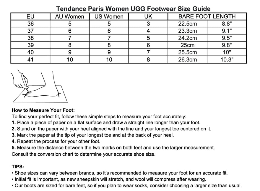 UGG Tendance Paris Women Footwear Size Chart at The Ugg Barn